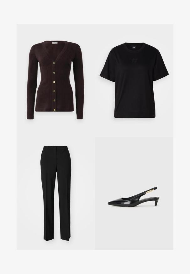 Tamsiai violetinė gyslinė megztinė su ilgomis rankovėmis ir šešiais auksiniais mygtukais priekyje, su V formos iškirpte ir prigludusia forma.; Juodas medvilninis marškinėliai su apvalia iškirpte, trumpomis rankovėmis ir siuvinėjimu ant krūtinės. Paprastas, laisvas siluetas be raštų.; Juodi pritaikyti kelnių modeliai su tiesiomis kojomis, pasižyminčios lygiomis tekstūromis ir ryškiomis klostėmis priekyje. Nėra matomų detalių.; Juodas odinis pavasario batelių modelis su smailiu nosiu, turintis siaurą kulniuką ir auksinės spalvos akcentu reguliuojamoje juostoje. Lygi tekstūra.