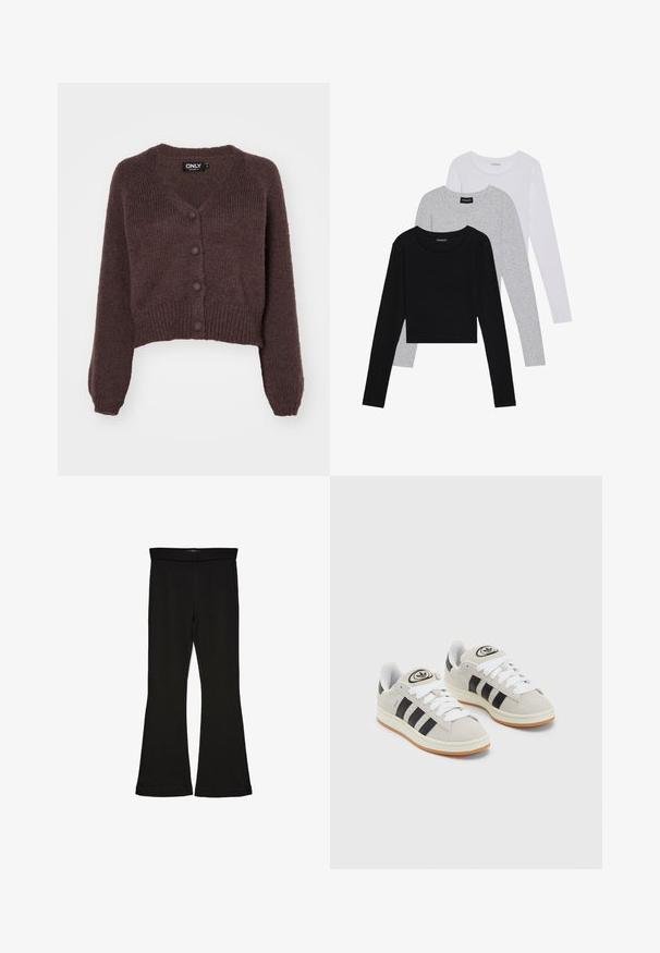 Barna kötött, rövid cardigan, V-alakú nyakkal, elöl hat gombbal és bordázott mandzsettával és alsó résszel. Puha textúra és laza fazon.; Három hosszú ujjú póló egymásra rakva: fekete, szürke és fehér. Mindegyiknek kerek nyaka van, és rövidített fazonnal rendelkezik, sima, könnyű anyagból készült.; Fekete trapéz leggings rugalmas anyagból készült. Széles derékpánttal és sima textúrával rendelkezik, illeszkedő sziluettje van, amely a szegélyen kigyullad.; Szürke velúr sportcipők fehér fűzővel, fekete csíkokkal és fehér gumitalppal. A nyelvén kör alakú logó található, illetve a talpa színes gumi.