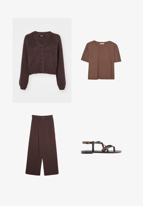 Bruine gebreide cropped cardigan met een V-hals, zes knopen aan de voorkant en geribde mouwen en onderkant. Zachte textuur met een losse pasvorm.; Korte mouwen T-shirt in bruin, gemaakt van een zachte stof, met een ronde halslijn en een relaxte pasvorm. Geen zichtbare patronen of accenten.; Stradivarius WIDE-LEG WITH BUCKLE DETAIL - Broek - dark brown; Bruine leren sandaal met kruisingen van banden, een enkelgesp-sluiting en een platte zool met minimale stikdetails.