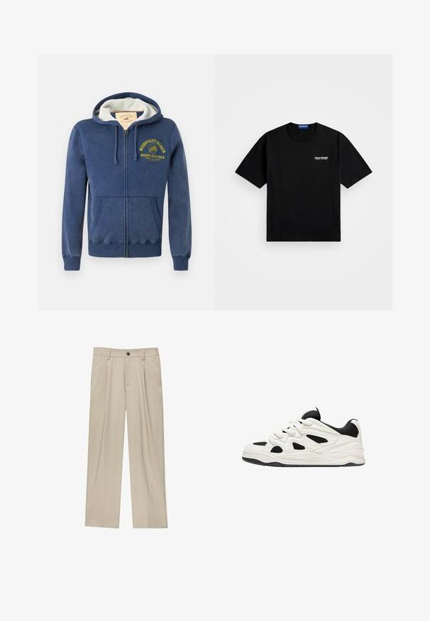 Sötétkék cipzáras kapucnis pulóver pamut keverékből, bélelt kapucnival, két elülső zsebbel és sárga nyomtatott szöveggel, pálmafás mintával.; Fekete pamut póló kerek nyakkivágással és rövid ujjakkal. Bal mellen fehér "POLO SPORT" logóval rendelkezik. Normál fazon.; Beige egyenes szárú nadrág, egy fekete gombbal, övhurkokkal és oldalzsebekkel. Sima szövettextúra és minimális design.; Fehér és fekete sportcipők, texturált talppal, oldalt kivágott mintákkal és fűzős megoldással, valamint párnázott hátsó résszel a támasz érdekében.