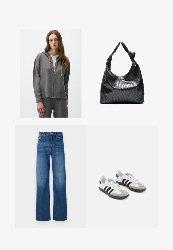 Haut à zip gris avec capuche, doté d'une texture douce, d'un ourlet côtelé et de manches longues. Associé à un pantalon assorti, offrant une coupe décontractée.; Chemise à manches longues rayée bleue et blanche, avec col évasé, coupe ajustée et ourlet arrondi. Matière en coton texturé.; Mother THE LASSO SNEAK - Jean boyfriend - dark blue denim; Baskets avec une tige en cuir blanc, un bout en daim gris et trois bandes noires. Présente un logo bleu sur la languette et une semelle en caoutchouc texturée.; Sac à main en cuir tissé noir au design décontracté, avec une sangle nouée et une petite clou doré décoratif en haut.
