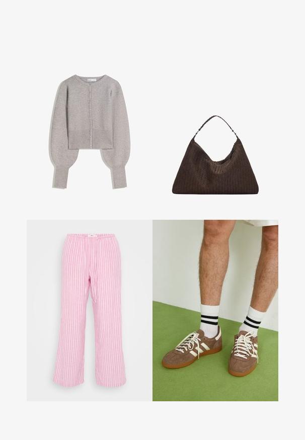 Light gray cropped cardigan with a round neckline, button closure, and ribbed detailing on the cuffs and hem. Soft knit texture.; White sleeveless ribbed tank top with a round neckline, paired with gray high-waisted jeans featuring pockets and a button closure.; Pink striped pants with an elastic waistband, lightweight fabric, wide-leg silhouette, and a smooth texture. Vertical stripes in white.; Brown suede sneakers with white accents and laces. Rubber gum sole. Worn with white socks featuring black stripes. Green textured flooring.; Brown woven leather handbag with a slouchy, triangular shape. Features a braided handle and a zipper closure along the top.; Three hair clips: one black and white marbled, two tortoiseshell in brown and black hues, all made of glossy plastic with a textured finish.