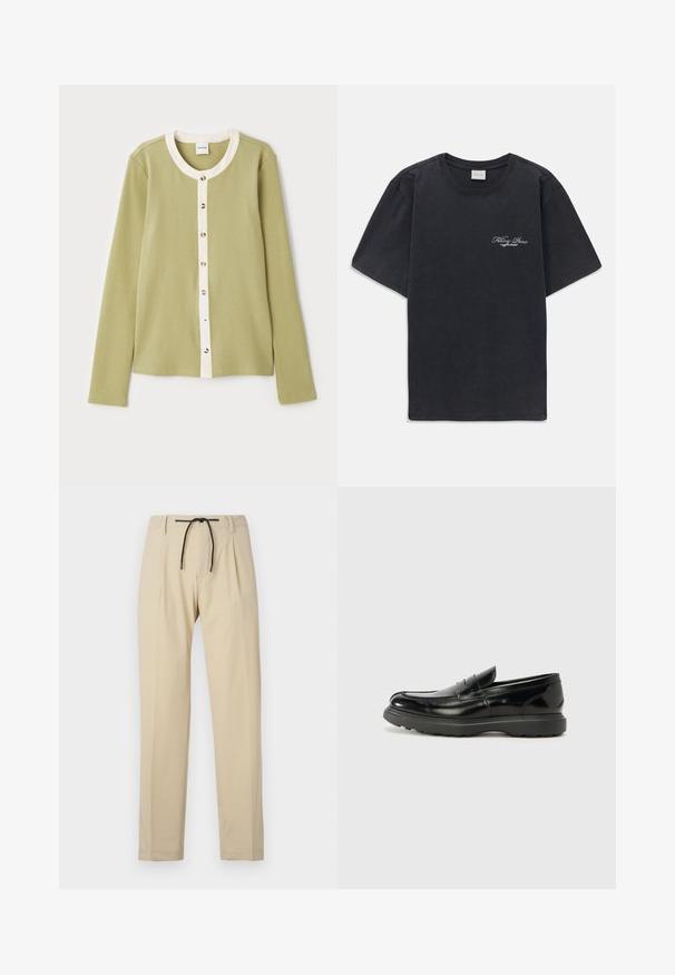 Ljusgrön långärmad cardigan i texturerat tyg, med en krämfärgad knappslå och fem runda knappar fram.; Svart kortärmad t-shirt med rund halsringning och liten vit "Filling Pieces" textlogga på vänster bröst.; Beige byxor med rak passform, som har midja med dragsko, plisserad framsida och en slät yta. Enkelt och mångsidigt design.; Svart läderloaferskor med en glänsande yta, rund tå, diskreta söm detaljer och en tjock gummisula för hållbarhet.