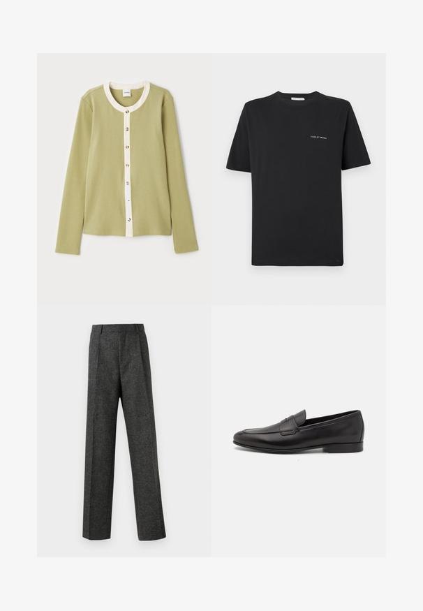 Cardigã de manga longa verde claro com um tecido texturizado, apresentando uma pala de botões em creme e cinco botões redondos na frente.; Camisa de algodão preta com decote redondo, mangas curtas e um pequeno logo branco "TIGER OF SWEDEN" no peito. Corte clássico.; Calças cinzentas ajustadas, feitas de um tecido texturizado, com duas pregas frontais e um design de perna reta. Sem bolsos visíveis ou enfeites.; Sapatilha masculina em couro preto, com salto baixo e um design clássico com tira de moeda, apresentada em perfil lateral sobre um fundo branco.