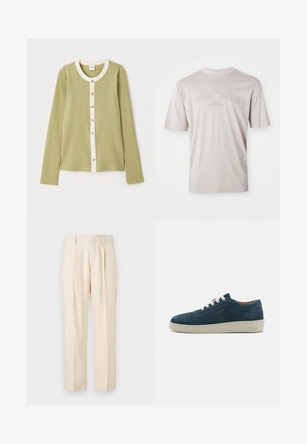 Cardigã de manga longa verde claro com um tecido texturizado, apresentando uma pala de botões em creme e cinco botões redondos na frente.; T-shirt de manga curta em bege claro, feito de um tecido macio, com o logótipo bordado "Emporio Armani Milano" numa tonalidade ligeiramente mais escura.; NN.07 KAY - Calças - off white; Sapatilha de camurça azul com bico arredondado, atacadores brancos e sola de borracha. Apresenta costuras discretas e um detalhe com marcação na lateral.