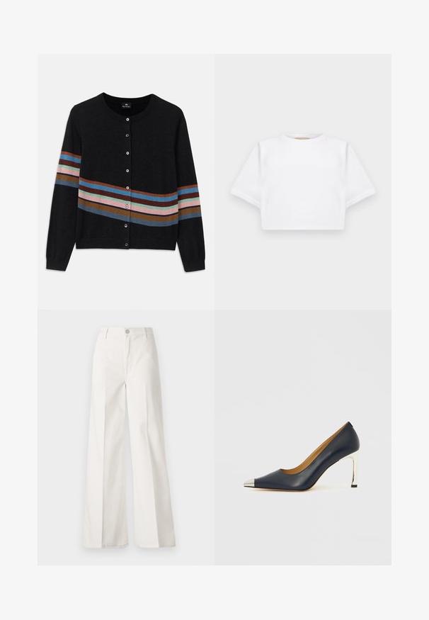 Cárdigan negro con cuello redondo, con rayas horizontales multicolores de diferentes anchos y botones en la parte delantera. Textura suave.; Camiseta blanca corta hecha de una tela suave, con mangas cortas, escote redondo y detalles de ribete en el dobladillo. Diseño simple y sin adornos.; Pantalones de pierna ancha blancos hechos de algodón con una textura suave. Cuenta con un botón delantero, cremallera y un diseño de cuatro bolsillos.; Zapato de tacón alto de cuero azul marino con punta puntiaguda, que presenta una puntera metálica plateada y un tacón de aguja plateado brillante.