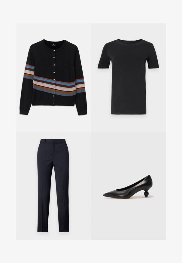 Juodas kardiganas su apvaliu kaklu, puoštas įvairių pločių horizontaliomis juostomis ir mygtukais priekyje. Minkšta tekstūra.; Juodas trumpas rankovėmis marškinėlis, pagamintas iš minkštos medvilnės, su apvaliu iškirpimu ir klasikiniu siluetu. Lygus paviršius, be raštų ar puošmenų.; Jūriniai pritaikyti kelnes su tiesiu kirpimu, turinčios lygų paviršių, dvi priekinės kišenės ir švarus liemuo.; Juoda odinė aukštakulnė bateliai su smailiu pirštu ir apvaliu, iškiliu kulnu. Lygus paviršius su elegantišku, minimalistiniu dizainu.