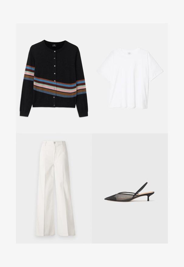 Mustat neuletakki pyöreällä kauluksella, jossa on monivärisiä vaakasuoria raitoja vaihtelevalla leveydellä ja napit edessä. Pehmeä rakenne.; Valkoinen puuvillapaita lyhyillä hihoilla, pyöreällä pääntiellä, rentoa tyyliä ja ommeltu helma. Tunniste näkyvissä sisäkauluksessa.; Valkoiset leveälahkeiset housut, jotka on valmistettu puuvillasta ja joissa on sileä rakenne. Ominaisuuksiin kuuluvat etupainike, vetoketjuluukku ja neljän taskun muotoilu.; NEOUS IRENA - Avokkaat - black