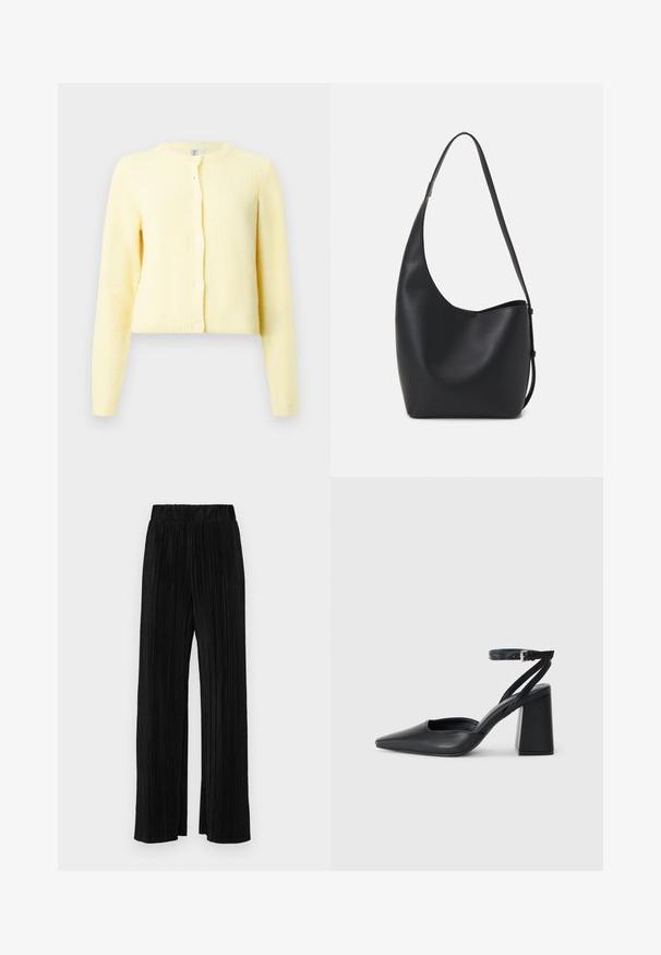 Dzeltena ribota kardigāna jaka ar garām piedurknēm, apaļu izgriezumu un pieciem pogu aizvēršanas elementiem priekšpusē. Mīksta tekstūra ar īsu piegriezumu.; Melnas īsā piedurkņu T-kreklis ar brīvu piegriezumu, ar gludu tekstūru un apaļu kakla izgriezumu. Viegls audums ar smalku spīdumu.; Melni plīšu bikses ar elastīgu jostu. Tām ir platākas kājas un gluda, teksturēta auduma ar vertikālām svītrām.; Melna ādas augstpapēžu kurpe ar norakstīto purngala formu, potītes siksniņu un masīlu papēdi. Gluda tekstūra, elegants dizains un minimālisma estētika.; Melnas ādas hobo soma ar gludu tekstūru, izliekta forma un vienu regulējamu jostu; augšā ir plaša atvere.