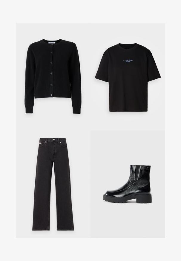 Juodas megztinis iš minkštos medžiagos, su apvalia iškirpte, ilgomis rankovėmis ir šešiais mygtukais priekyje. Paprastas dizainas, be raštų.; Juodas medvilnės marškinėliai su apykakle, trumpomis rankovėmis ir mėlynai siuvinėtu "Calvin Klein JEANS" logotipu priekyje.; Juodos plačios kojų džinsai, pagaminti iš džinsinio audinio, su aukštu liemeniu, penkių kišenių stiliumi ir metaline sagte su kontrastingo siuvimo detalėmis.; Juodi kulkšniniai batai su blizgia lakuota oda, storu juodu guminio pado ir pakeltu kulnu; šone yra subtilus logotipo detalė.