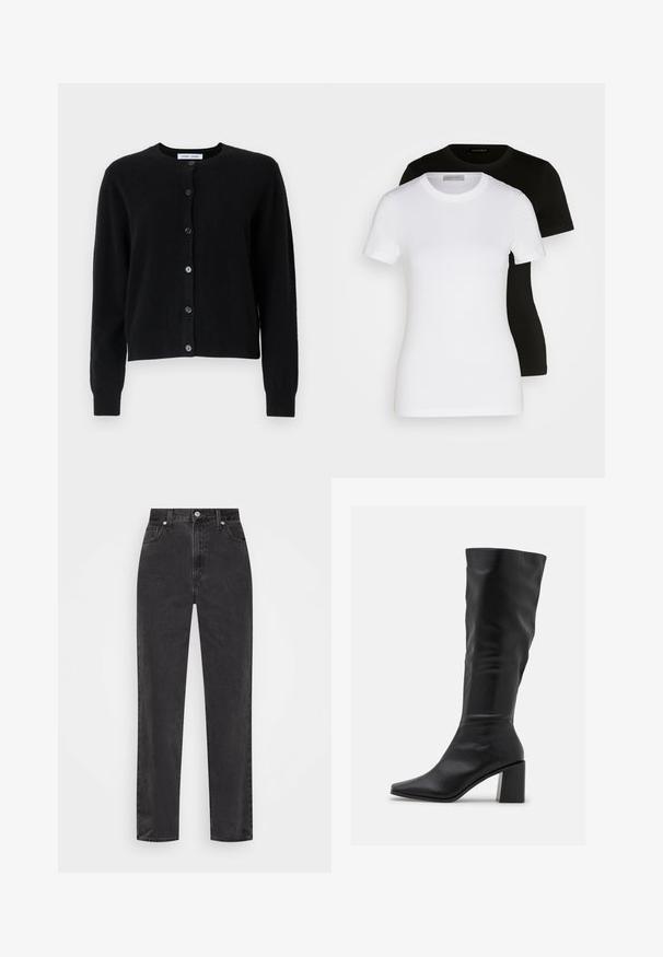 Cardigã preto feito de tecido macio, com decote redondo, mangas longas e seis botões na frente. Design simples, sem padrões.; Duas T-shirts de manga curta nas cores preto e branco. Feitas de algodão suave, com um gola redonda clássica e um corte regular.; Jeans de ganga preta com pernas retas, cintura alta, com botão e fecho de correr à frente, e estilo de cinco bolsos, num fundo branco.; RAID BLICK - Botas - black