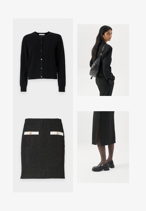 Cardigan negru din țesătură moale, cu guler rotund, mâneci lungi și șase butoane pe față. Design simplu, fără modele.; Top alb fără mâneci, confecționat din material ribbed, prezentând un decolteu rotund și o siluetă ajustată, cu cusături minime și fără ornamente.; Fustă din tweed negru, cu un material texturat și un design ajustat. Prezintă două accente de buzunare albe cu butoane aurii.; Pantofi din piele neagră cu vârful rotund, toc bloc gros și accente elastice pe lateral, asortați cu colanți închiși la culoare și o fustă neagră cu o fanta.; Femeie cu păr lung și închis la culoare, îmbrăcată într-un costum negru, purtând o geantă de umăr din piele neagră, privind peste umăr, pe un fundal alb.