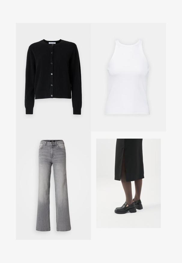Crni kardigan izrađen od mekog materijala, s okruglim izrezom, dugim rukavima i šest dugmadi s prednje strane. Jednostavan dizajn, bez uzoraka.; Bijela majica bez rukava napravljena od rebraste tkanine, s okruglim izrezom i uklapajućim siluetom, s minimalnim šavovima i bez ukrasa.; Sive traperice visokog struka ravnog kroja, s prednjim gumbom i patentnim zatvaračem, prednjim i stražnjim džepovima te izblijedjelim nijansama na bedrima i listovima.; Crne kožne cipele s zaobljenim vrhom, debelim blok petama i elastičnim bočnim detaljima, uparene s tamnim čarapama i crnom suknjom s prorezom.