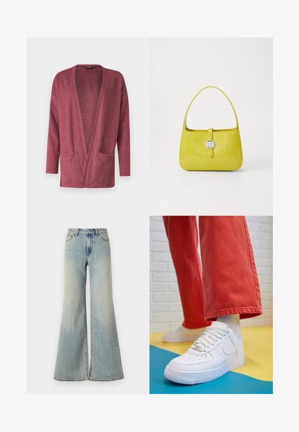 Maroonin neulekangastakin, jossa on avoin etuosa, pitkät hihat ja kaksi etutaskua. Liukas pinta ja rento istuvuus.; Valkoinen lyhythihainen t-paita, joka on valmistettu pehmeästä kankaasta. Sillä on pyöreä pääntie ja yksinkertainen, siisti muotoilu suoralla helman lopulla.; Vaaleansinisiä leveälahkeisia farkkuja, joissa on korkea vyötärö, haalistunut viimeistely, etutaskut ja hillitty halkio lahkeiden alaosassa.; Valkoinen nahkakengät, joissa on rei'itetty varvasosa, teksturoitu pohja ja valkoiset nauhat, yhdistettynä leveisiin punaisiin housuihin ja sinikeltaiseen taustaan.; Keltainen lakatun nahkaisen käsilaukku, jolla on jäsennelty muoto, yläkahva ja edessä napsautettava suljenta, jossa on pyöreä metallinen logoosa.