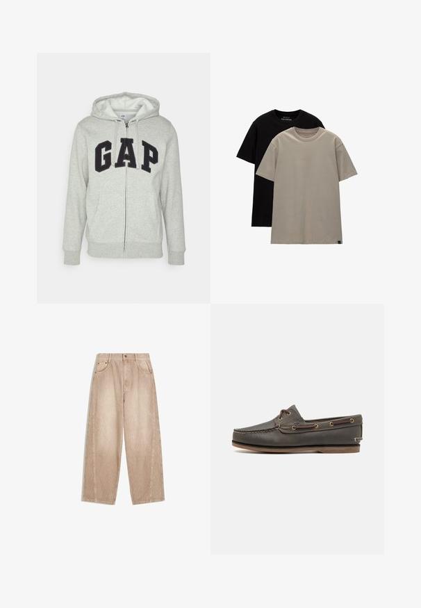 Felpa grigia con zip e tasca a marsupio frontale, con il logo "GAP" in nero. Tessuto morbido e cappuccio regolabile con cordino.; Set di due t-shirt; una nera, una beige chiaro. Vestibilità regolare con scollature rotonde, realizzate in morbido cotone. Design semplice, senza motivi.; Pantaloni a gamba larga in corduroy beige con righe verticali, dotati di tasche frontali, passanti per la cintura e chiusura con zip e bottone.; Scarpa da barca in pelle marrone scuro con profilo basso, caratterizzata da occhielli in ottone e cuciture a contrasto, suola in gomma flat e finitura texturizzata.