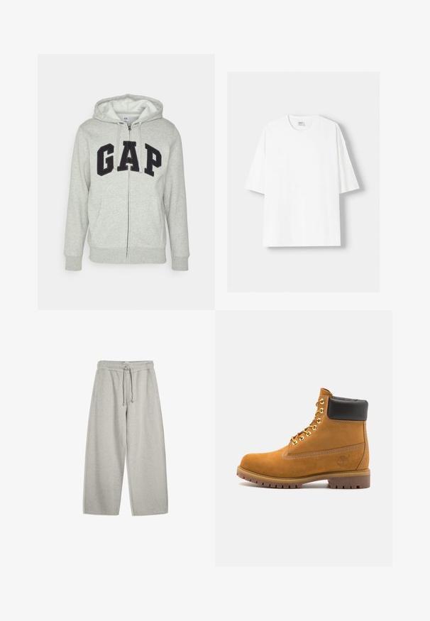 Gray zip-up hoodie with a front kangaroo pocket, featuring a black "GAP" logo. Soft fabric and adjustable drawstring hood.; White short-sleeved t-shirt made from cotton, featuring a round neckline and a relaxed fit. Smooth texture, with no visible patterns or accents.; Light gray sweatpants made of soft cotton blend, featuring an elastic waistband with drawstring, two side pockets, and relaxed wide-leg design.; Tan suede ankle boot with black padded collar, gold metal eyelets, white stitching detailing, and rugged rubber sole with pronounced treads.