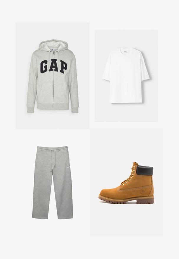 Šedá mikina s kapsou na klokanku a zipem, s černým logem "GAP". Měkká látka a nastavitelné stahovací kapuce.; Bílá krátkosrstá tričko s krátkým rukávem vyrobené z bavlny, se zaobleným výstřihem a volným střihem. Hladká textura, bez viditelných vzorů nebo akcentů.; Šedé tepláky vyrobené z měkké látky s elastickým páskem, nastavovatelnou šňůrkou a bočními kapsami. Obsahují malé bílé logo.; Hnědé semišové kotníkové boty s černým polstrovaným límcem, zlatými kovovými očky, bílým prošíváním a odolnou gumovou podrážkou s výraznými drážkami.