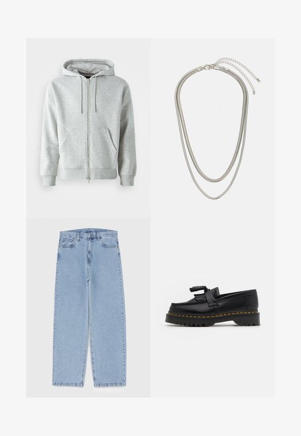 Pilkas užtrauktuku užsegamas dėklas su reguliuojamu gobtuvu, šoninėmis kišenėmis, banguotomis rankovėmis ir subtiliu logotipu ant krūtinės. Minkšta audinio tekstūra.; FC Barcelona marškiniai su mėlynai raudonais vertikaliais dryžiais, Nike logotipu ir Spotify grafika centre. Pagaminti iš kvėpuojančios medžiagos.; Šviesiai mėlyni džinsai su tiesiomis kojomis, turintys vidutinio aukščio juosmenį, penkias kišenes ir mygtuko bei užtrauktuko uždarymą.; Juodas odinis loaferis su kutais, turintis masyvų juodą pado ir geltonus siūlus palei kraštą. Textūruota danga.; Trijų sluoksnių sidabrinė metalinė apyrankė, kuri pasižymi stilingomis, lankstosiomis grandinėlėmis su švelniu blizgesiu, užsegama krabų užsegimu ir reguliuojama grandinė.