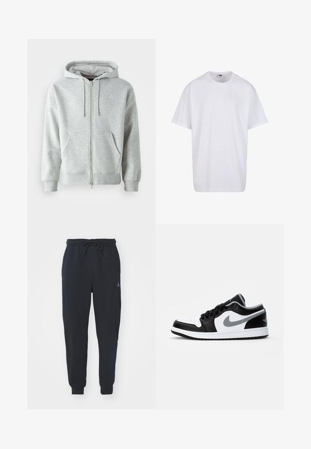 Šedá mikina na zip s kapucí se šňůrkami, obsahující boční kapsy, žebrované manžety a jemné logo na hrudi. Měkká tkanina.; Bílé triko z bavlny s krátkým rukávem, kulatým výstřihem, volným střihem a bez viditelných log či vzorů. Hladká textura a minimalistický design.; Černé teplákové kalhoty vyrobené z měkké tkaniny, s elastickým pasem na šňůrku, žebrovanými manžetami a malým logem na levém stehně.; Jordan AIR JORDAN 1 LOW - Tenisky - black/particle grey-white