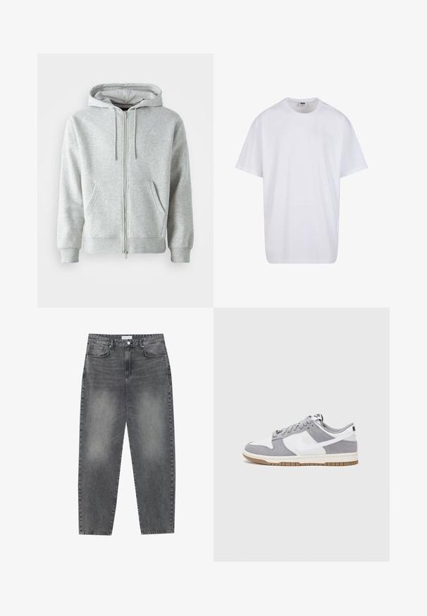 Šedá mikina na zips s kapucňou na šnúrku, so bočnými vreckami, rebrovanými manžetami a diskrétnym logom na hrudi. Mäkka textúra látky.; Biela bavlnená tričko s krátkymi rukávmi, okrúhlym výstrihom, uvoľneným strihom a žiadnymi viditeľnými logami alebo vzormi. Hladká textúra a minimálny dizajn.; Vysoké, voľné džínsy z vyblednutého čierneho denimu. Obsahujú päť vreciek, pútka na opasok a čistý, rovný strih nohavíc.; Sivé a biele tenisky s vrchom z semišu a kože, zaoblenou špičkou, plochými šnúrkami a gumovou podrážkou s akcentom vo farbe gumy.