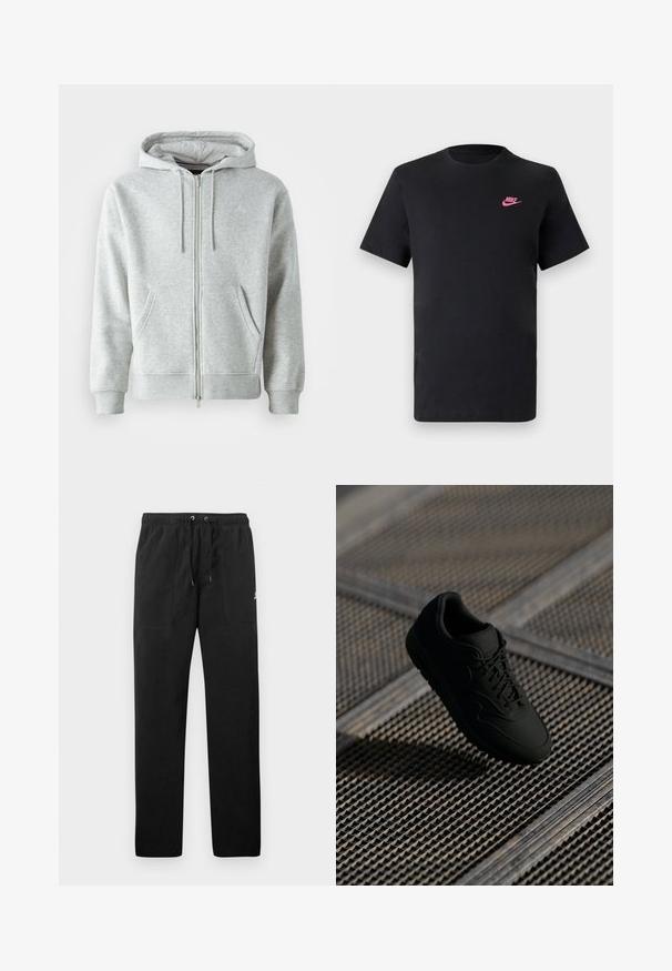 Gray zip-up hoodie with a drawstring hood, featuring side pockets, ribbed cuffs, and a subtle logo on the chest. Soft fabric texture.; Black cotton t-shirt with a round neckline and short sleeves. Features a pink Nike logo on the upper left side. Smooth texture.; Black sweatpants made of fleece, featuring an elastic waistband with drawstrings, two front pockets, and a small logo on the thigh.; Black sneaker with a smooth texture, round toe, lace-up front, and subtle branding. Displayed against a textured, industrial background.