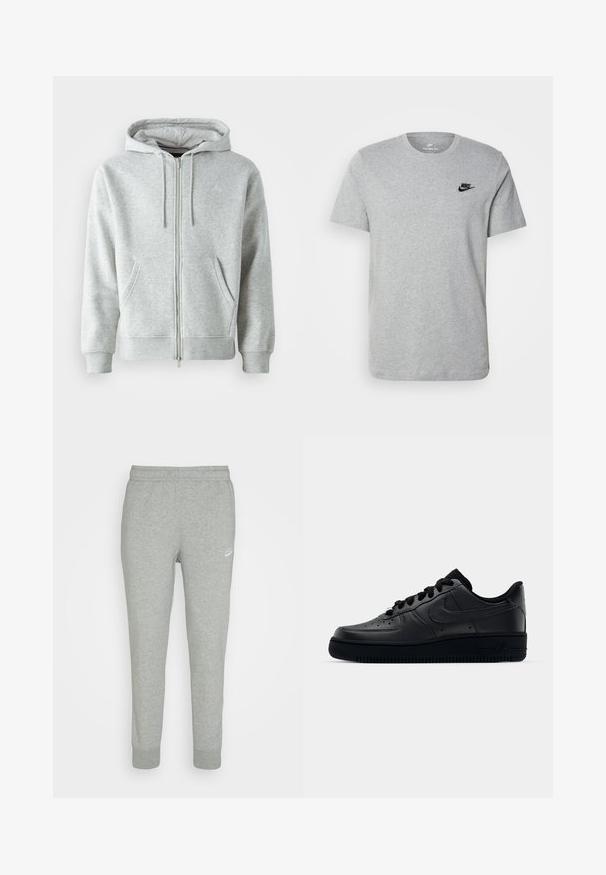 Gray zip-up hoodie with a drawstring hood, featuring side pockets, ribbed cuffs, and a subtle logo on the chest. Soft fabric texture.; Gray short-sleeve T-shirt made of cotton, featuring a black Nike logo on the chest and a round neckline. Minimalist design with no patterns.; Gray sweatpants made of soft fabric, featuring tapered leg design, elastic waistband, and small white Nike logo on the left thigh.; Black Nike Air Force 1 sneaker with a smooth leather upper, perforated toe for breathability, black laces, and a textured rubber sole.