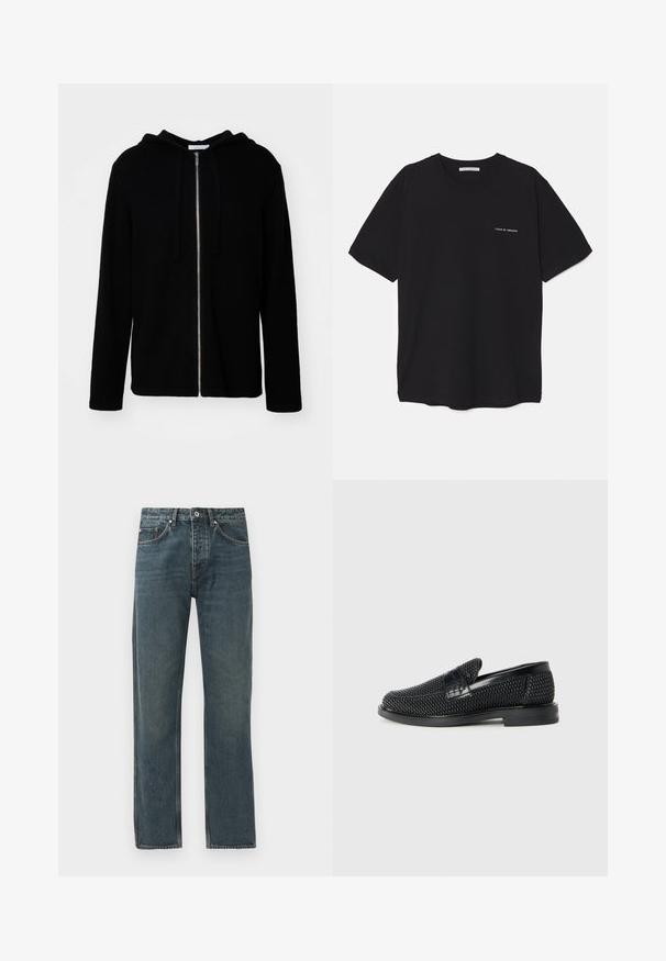 Sudadera con cremallera negra de tela suave, que cuenta con un bolsillo tipo canguro, cordones y puños de canalé. Textura suave con un diseño sencillo.; Camiseta de algodón negra con cuello redondo, mangas cortas y un estampado de logo blanco en el lado izquierdo del pecho. Diseño simple y de color sólido.; Jeans de mezclilla azul oscuro con un diseño de pierna recta, que cuentan con cinco bolsillos, un cierre de botón y detalles de costura en contraste.; Zapato negro de tejido con un acento de cuero suave en la parte superior, diseño de punta redonda y suela de goma de perfil bajo.