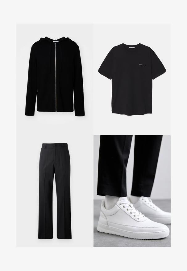 Black zip-up hoodie made of soft fabric, featuring a kangaroo pocket, drawstrings, and ribbed cuffs. Smooth texture with a simple design.; Black cotton T-shirt with a crew neck, short sleeves, and a white logo print on the left chest. Simple, solid color design.; Black straight-leg trousers with belt loops, front button, and zipper closure, displayed against a plain white background.; White leather sneakers with a flat rubber sole, featuring a smooth finish, round toe, and metal eyelets for laces. Worn with black pants.