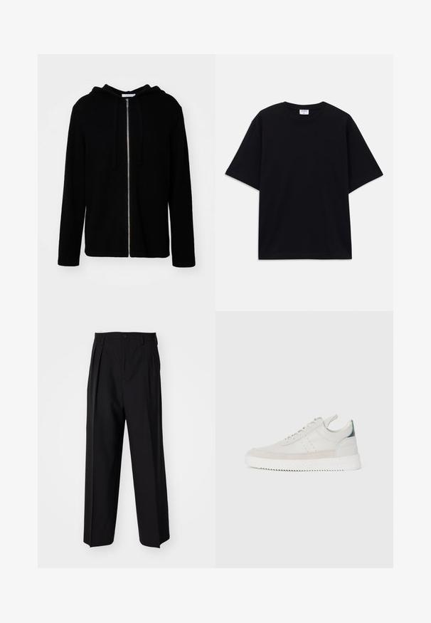Czarna bluza z kapturem, zapinana na zamek, wykonana z miękkiego materiału, z kieszenią kangurką, sznurkami i ściągaczami na mankietach. Gładka tekstura o prostym designie.; Czarny, krótki rękaw, oversize'owy T-shirt z okrągłym dekoltem i widoczną metką marki Filippa K wewnątrz kołnierza.; Czarne plisowane spodnie o prostym, szerokim kroju nogawek. Wykonane z gładkiego materiału, z zapięciem na guzik i pętelkami na pasek.; Białe skórzane trampki z szarymi zamszowymi akcentami, sznurowany design, uchwyt oraz teksturowana gumowa podeszwa z wzorem w zygzak.