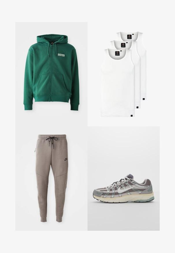 Zelen zip-up dukserica iz mehkega materiala, z sprednjim žepom, vrvicami in logotipom na zgornji levi strani.; Tri bele rebraste majice brez rokavov iz bombaža. Imajo okroglo izreza in majhne črne etikete blizu roba. Na voljo v več velikostih.; Sive Nike trenirke z vrvico v pasu, pripete noge, stranske žepke in izrazitim šivom. Mehka, teksturirana tkanina.; Sive športne čevlje z zgornjim delom iz mrežastega in semiš materiala, belimi akcenti, oblazinjenim podplatom ter edinstvenim dizajnom z odsevnimi elementi.