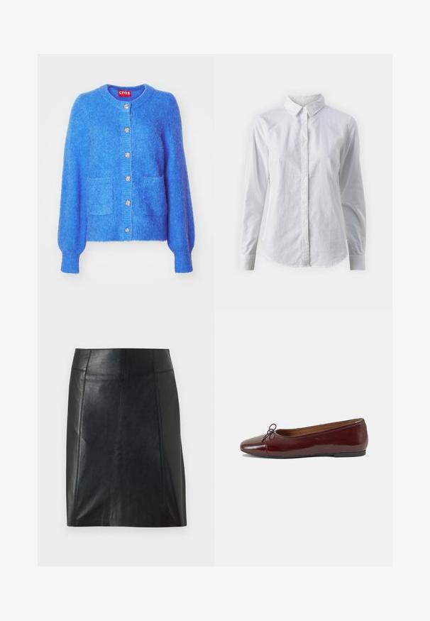 Blå ull cardigan med rund hals, lange puffermene, to frontlommer og dekorative sølvknapper langs knappestolpen.; Hvit skjorte med knapper laget av glatt bomull, med klassisk krage, lange ermer og buet skjær. Knapper er små og hvite.; Svart lærskjørt med en tettsittende design. Jevn tekstur, sømmer som fremhever formen, og en rett kant. Minimalistisk og elegant utseende.; Burgunderrød lakk lær ballettleilighet med rund tå, liten sløyfe foran og en lav, svart gummisåle. Glatt tekstur.