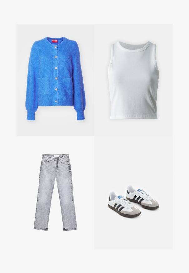 Blauer Wollcardigan mit rundem Halsausschnitt, langen Puffärmeln, zwei vorderen Taschen und dekorativen silbernen Knöpfen entlang der Knopfleiste.; Weißes, geripptes Tanktop mit runder Ausschnittform und ärmellosem Design, ausgestattet mit einem geraden Saum und einer glatten, dehnbaren Textur.; Graue Jeans aus Denim mit geradem Bein, mit Used-Effekten, fünf Taschen und kupferfarbenen Nieten. Der Bund verfügt über ein Logoshirt.; Sportschuhe mit einem Obermaterial aus weißem Leder, grauer Wildleder-Zehenkappe und drei schwarzen Streifen. Sie verfügen über ein blaues Logo auf der Zunge und eine strukturierte Gummisohle.