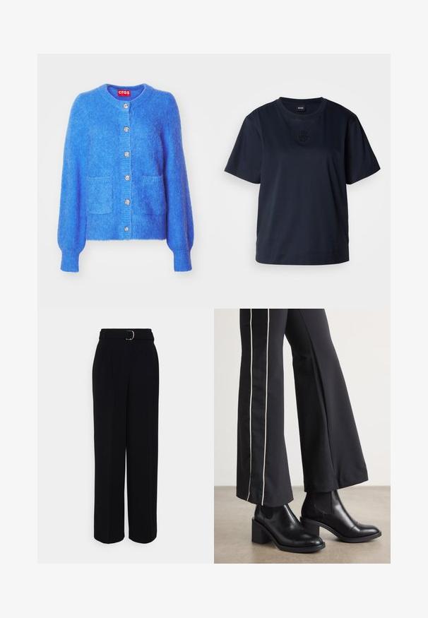 Kék gyapjú kardigán kerek nyakkivágással, hosszú puff ujjakkal, két elülső zsebből és dekoratív ezüst gombokkal az elején.; Sötétkék, rövid ujjú póló, puha pamutból készült. Kerek nyakkivágással és egy diszkrét hímzett logóval rendelkezik a mellrészen.; Fekete, testre szabott nadrág, széles szárű sziluettel, ezüst csattal ellátott övvel, pliszékkel és sima textúrával.; Fekete bőr bokacsizma, tömbsarkúval, oldalán rugalmasszal ellátott panelek találhatók. Fekete nadrággal párosítva, amelynek fehér oldalsávja van.