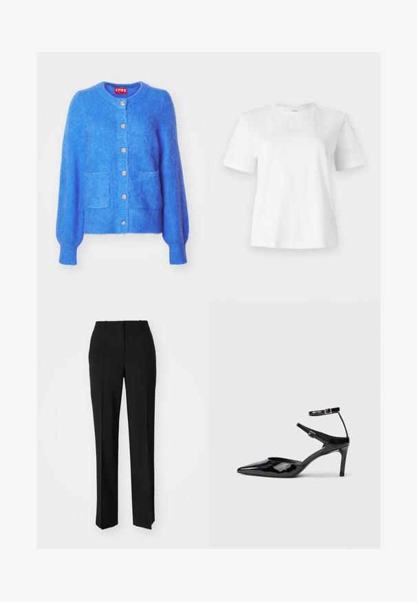Niebieski wełniany kardigan z okrągłym dekoltem, długimi bufiastymi rękawami, dwoma przednimi kieszeniami oraz ozdobnymi srebrnymi guzikami wzdłuż zapięcia.; Biała bawełniana koszulka z krótkim rękawem, okrągłym dekoltem i subtelnie wytłoczonym logo Calvin Klein na przodzie. Gładka tekstura, klasyczny krój.; Czarne spodnie o dopasowanym kroju z prostymi nogawkami, o gładkiej fakturze i wyraźnych zagięciach z przodu. Bez widocznych elementów metalowych.; Czarne lakierowane szpilki z ostrym noskiem, regulowanymi paskami wokół kostki i smukłą szpilką. Gładka tekstura z błyszczącym wykończeniem.