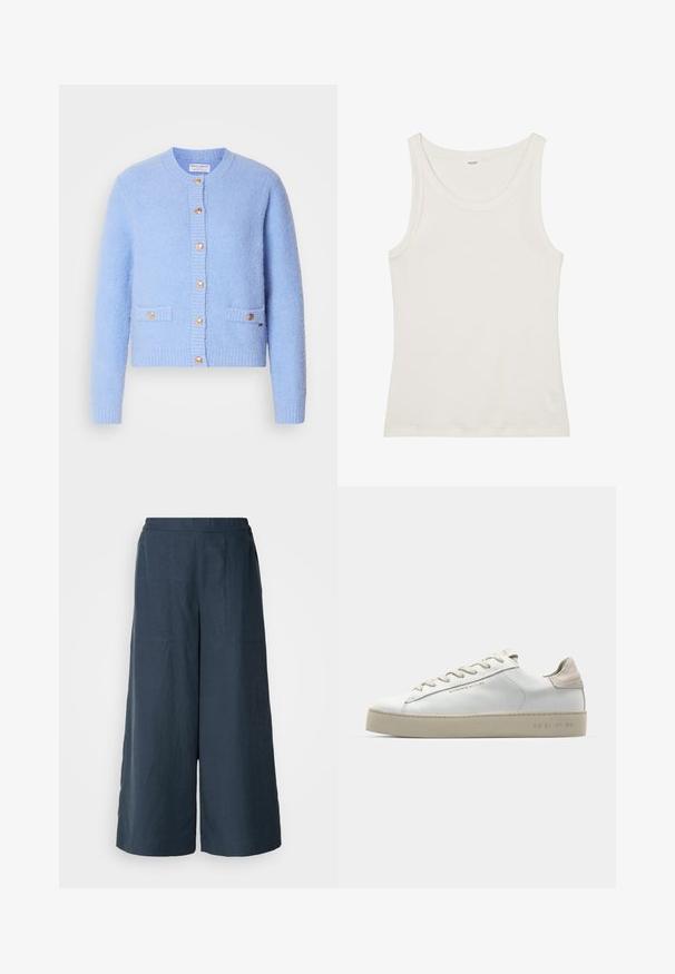 Sky blue, tekstureeritud kardigan, mis on valmistatud pehmest materjalist, ümar kaelus, nööbid ja kaks esist meest kuldsete detaljidega.; Valge puuvillane top, millel on lai kaelus ja õhukesed õlavarre rihmad. Sile tekstuur ilma nähtavate mustrite või kaunistusteta.; Kitsad laiad püksid tumesinisest kergest kangast. Omavad veidi tekstuurset pinda, elastset vööd ja esimesi õmblusi.; Valge nahast toss, millel on sile pind, beežist seemisnahast aktsendid, ümar nina, lame puuvillane pael ja tekstuuriga kummitald.