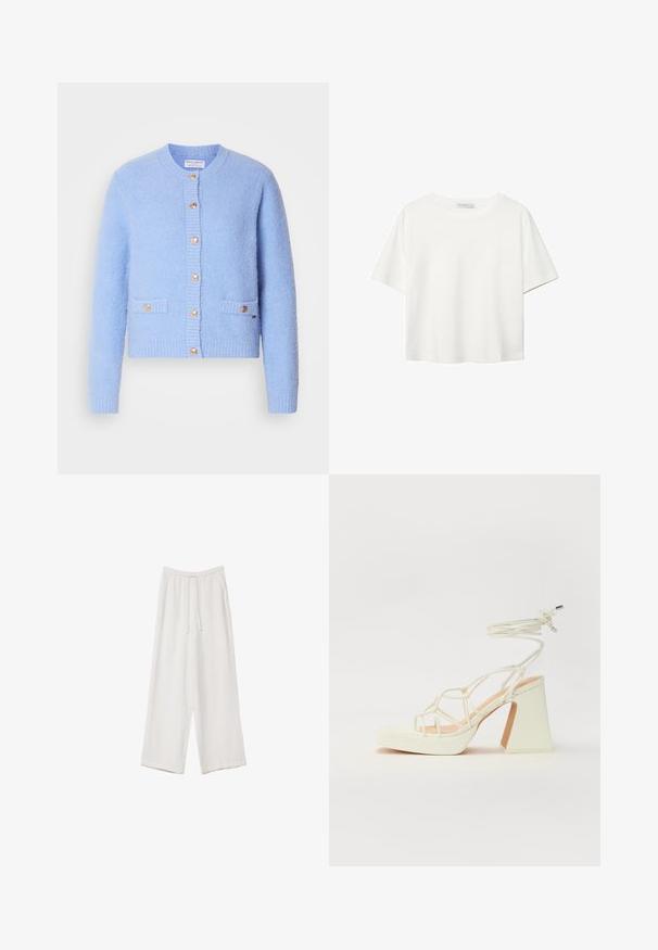 Cardigan texturé bleu ciel en matériau doux, avec un col rond, une fermeture à boutons et deux poches avant avec des accents dorés.; T-shirt blanc à manches courtes en coton. Doté d'un col ras du cou et d'une coupe décontractée. Texture lisse sans motifs ni accents visibles.; Pantalons larges blancs en tissu léger. Dotés d'une taille élastique avec cordon de serrage et de poches latérales. Texture lisse.; Sandale blanche à talons hauts avec un talon épais, présentant un design à lanières et un lien autour de la cheville. Texture lisse avec une plateforme à l'avant pour une hauteur supplémentaire.