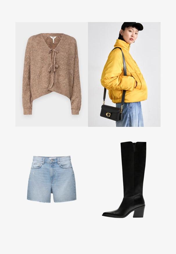 Brown knitted cardigan with a V-neck, tie front closure, and textured pattern resembling leaves. Cropped length and long sleeves.; White long-sleeve button-up shirt with a wide spread collar, featuring a smooth texture and front button closure.; Light blue denim shorts with frayed hems, five pockets, and a button closure. The fabric has a faded wash and slight distressing.; Black knee-high boots made of smooth leather, featuring a pointed toe, a block heel, and a V-shaped cutout at the top.; Yellow padded jacket with high collar and front pocket, paired with a black crossbody bag featuring gold hardware. Casual denim bottoms.
