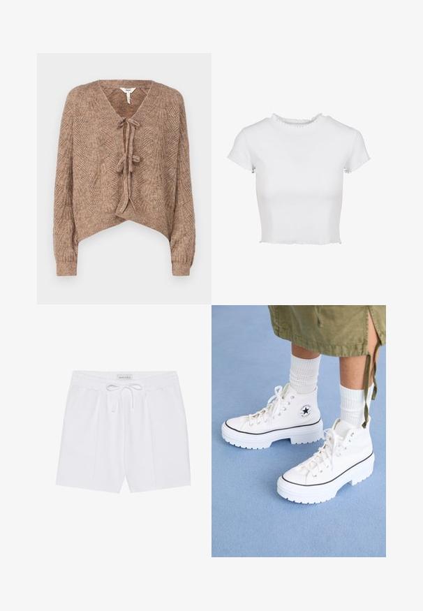 Cardigan tricotat maro cu decolteu în V, închidere prin legare și un model texturat care seamănă cu frunze. Cropped și cu mâneci lungi.; Tricou alb, scurt, fabricat din material rib elastic. Are mâneci scurte cu margini desfăcute și un decolteu rotund cu un detaliu volan.; Shorts albi, până la genunchi, dintr-un material moale, având un brâu elastic cu șnur și două buzunare laterale. Design simplu, fără modele.; Adidași albi cu vârf înalt, realizati dintr-un material texturat din pânză, cu bareta de cauciuc la vârf și talpă groasă albă. Prezintă accente negre și ochiuri.