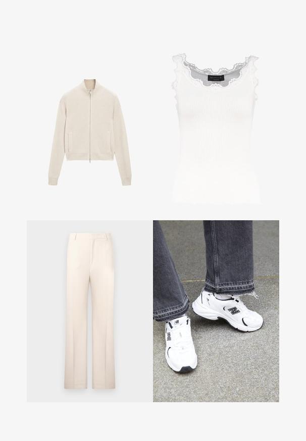 Pull en maille beige clair à côtes, zippé, avec col haut, poches latérales et silhouette ajustée. Accent de fermeture éclair argentée à l'avant.; Débardeur blanc à côtes avec dentelle au niveau de l'encolure et des manches. Présente une texture douce et une coupe ajustée. Étiquette de la marque visible à l'intérieur.; Pantalons beige ajustés avec une coupe droite, fabriqués en tissu léger. Dotés de plis avant et d'une taille classique.; Des baskets New Balance blanches présentent un dessus en mesh et synthétique avec des accents noirs. Portées avec un jean gris à ourlet effiloché sur une surface texturée.