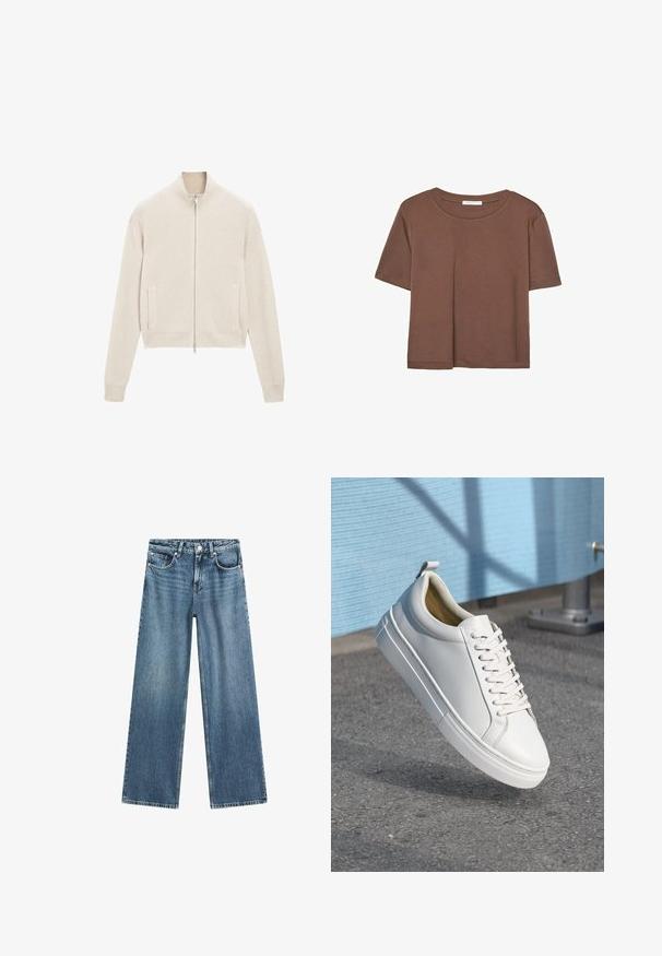 Maglione a zip rigato in maglia color beige chiaro, con colletto alto, tasche laterali e silhouette sfiancata. Dettaglio della zip argentata sul davanti.; Maglietta a maniche corte marrone realizzata in tessuto morbido, con scollatura rotonda e vestibilità rilassata. Nessun motivo o dettaglio visibile.; Jeans a gamba larga in denim azzurro chiaro con vita alta, design a cinque tasche e chiusura con bottone. Il tessuto presenta una texture leggermente sbiadita.; Sneaker bianco in pelle con lacci piatti, punta arrotondata, suola in gomma e una piccola linguetta sul tallone. Texture liscia con dettagli di design minimi.
