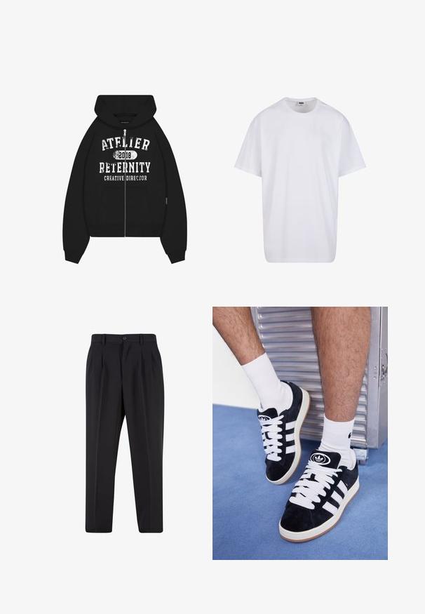 Schwarze Zip-Up-Hoodie mit großem weißen Grafikdruck mit "ATELIER RETERNITY 2018" und "CREATIVE DIRECTOR." Mit Kängurutasche.; Weiße Baumwoll-T-Shirt mit kurzen Ärmeln, rundem Ausschnitt, lockerer Passform und ohne sichtbare Logos oder Muster. Glatte Textur und minimalistisches Design.; Schwarze Hose mit plissiertem Vorderdesign, aus glattem Stoff gefertigt. Mit Knopfverschluss und Gürtelschlaufen; gerade Passform.; Schwarze Wildledersneaker mit weißen Schnürsenkeln und drei weißen Streifen. Verfügt über ein kreisförmiges schwarzes Logo auf der Zunge und eine Gummisohle.