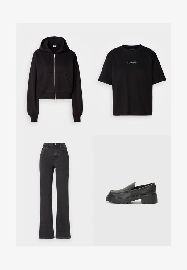 Svart kort hoodie med dragkedja framtill, stor huva och känguruficka. Mjukt tyg med ribbade ärmslut och nederkant.; Svart bomulls T-shirt med rund nacke, korta ärmar och blå broderad "Calvin Klein JEANS" logotyp på framsidan.; Svarta högmidjade utsvängda jeans i denim, med knappknäppning, bältesöglor och sidofickor. Slät textur med minimal urtvättning.; Svarta läderloafers med rund tå, tjockt strukturerat såle och minimala sömnadsdetaljer. Snygg design utan synliga snören eller beslag.