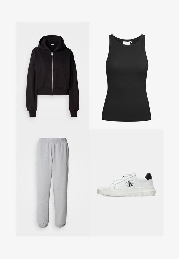 Čierna skrátená mikina s kapucňou, ktorá má predné zipsové zapínanie, veľkú kapucňu a klokaniu kapsu. Mäkko tkanina s rebrovanými manžetami a spodným lemom.; Čierny top bez rukávov vyrobený z rebrovanej tkaniny, s výstrihom do tvaru lode a priliehavým strihom. Hladké švy a žiadne ozdoby. Jednoduchý a elegantný dizajn.; Sivé tepláky vyrobené z mäkkej, textúrovanej tkaniny. Elastický pás a manžety, s malým logom na ľavej strane.; Biele nízke tenisky s čiernym pätkovým dielom, platformovou podrážkou, šnúrkami a logom "CK" značky Calvin Klein na boku.