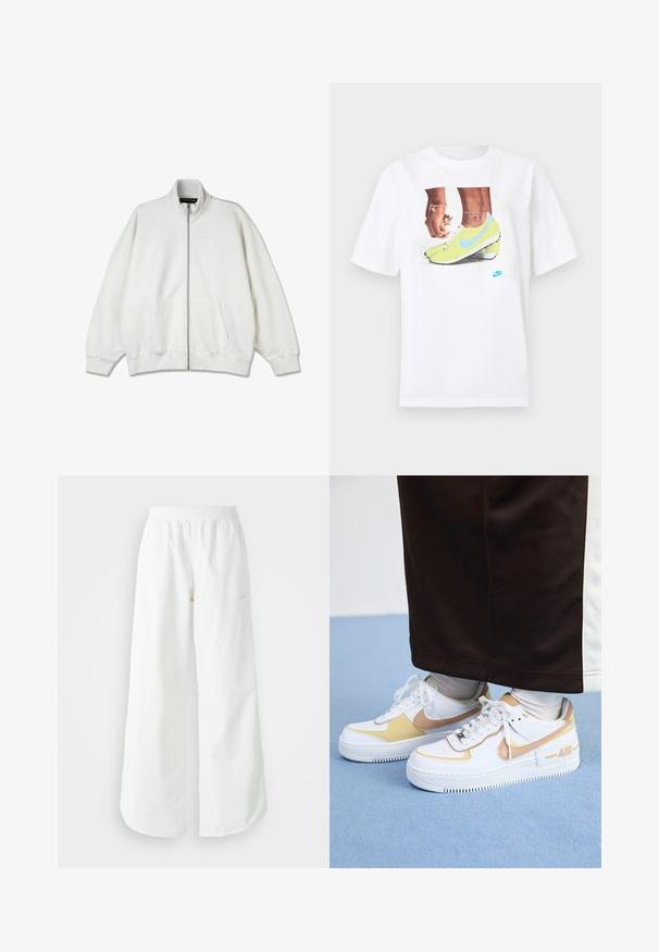 Fehér zipzáros pulóver, puha anyagból, magas gallérral, nagy zsebekkel és laza szabással. Diszkrét logó a mellrészen.; Fehér pamut póló, amelyen sárga Nike cipőben lévő lábak grafika található kék részletekkel, bal csuklón pedig egy karkötő látható.; Fehér, bő szárú sportnadrág ribbelt derékpánttal és diszkrét logórésszel. Simá szövet, laza szabással és taperált szárral.; Fehér bőr sportcipők arany részletekkel, perforált orral, lapos fűzőkkel és vastag gumitalppal, az oldalán az "AIR" logóval.