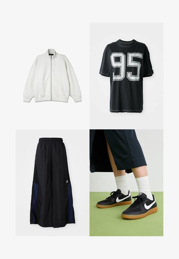 Felpa bianca con zip realizzata in morbido tessuto, caratterizzata da un alto colletto, ampie tasche e una vestibilità rilassata. Branding discreto sul petto.; T-shirt di cotone nero con maniche corte, caratterizzata da un numero "95" stampato in bianco sul davanti e cuciture a contrasto lungo i bordi.; Pantaloni neri a gamba larga realizzati in tessuto leggero, con un pannello laterale blu navy e una cintura elastica. Piccolo logo bianco sul fondo.; Sneaker in pelle nera e sintetica con logo Nike bianco, suola in gomma, punta rotonda e lacci neri. Calze bianche a righe visibili.