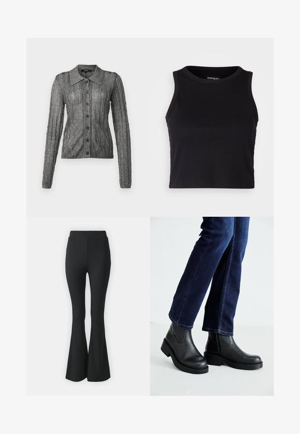 Siva pletena jakna s suptilnim sjajem, dužim rukavima, ovratnikom i šest crnih dugmadi sprijeda; rebrasta tekstura i uski kroj.; Crna rebrasta kratka majica bez rukava s okruglim izrezom. Izrađena od mekog, rastezljivog materijala, s urednim rubovima.; Crne traperice sa širokim nogavicama izrađene od rastezljivog materijala. Imaju visok struk i glatki, prilagođeni dizajn koji se širi od koljena prema dolje.; Crne kožne gležnjače s debelim potplatom i bočnim elastičnim panelima, uparene s tamnoplavim trapericama. Podlogu čini svijetla boja.