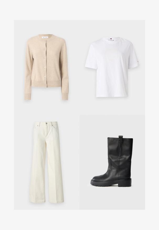 Bézs kardigán, puha anyagból készült, kerek nyakkal, hosszú ujjakkal és öt gombbal az elülső részen a zárásért. Sima textúra, letisztult design.; Fehér pamut póló, kerek nyakkivágással, rövid ujjakkal és diszkrét sárga logóval, amelyen a felirat "HILFIGER NEW YORK 1985" szerepel. Normál szabású.; Bőszárú fehér farmernadrág pamut keverék anyagból. Cipzáras záródással, öt zsebes kialakítással és varrással a varratok mentén.; Fekete bőr, térd fölé érő csizmák, amelyek karcsú dizájnnal rendelkeznek, vastag talppal és oldalsó húzópánttal a könnyű felvételhez. Figyelemre méltó varrási részletek.