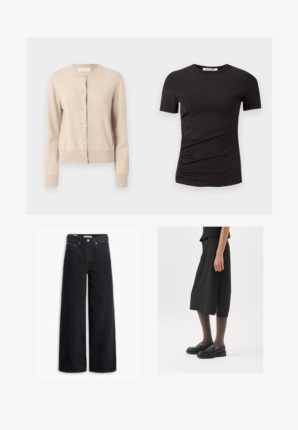 Bežinis kardiganas, pagamintas iš minkštos medžiagos, su apvaliu kaklu, ilgomis rankovėmis ir penkiais priekiniais mygtukais užtraukimui. Lygus paviršius, minimalistinis dizainas.; Juodas trumpas rankovėmis marškinėliai, pagaminti iš minkštos medžiagos, su apykakle ir susibūrimo detalėmis kairėje pusėje, suteikiančiomis švelnaus tekstūros efekto.; Juodos plačios kojų džinsai, pagaminti iš džinsinio audinio, su penkiomis kišenėmis, varinėmis iškrovomis ir klasikiniu mygtuko uždarymu. Lygi tekstūra su švariu dizainu.; Juoda kelių ilgumo sijonas su šonine skeltimi, derinamas su juodais loaferiais ir permatomomis rudomis pėdkelnėmis, pasižyminti lygiu audiniu ir paprastu dizainu.