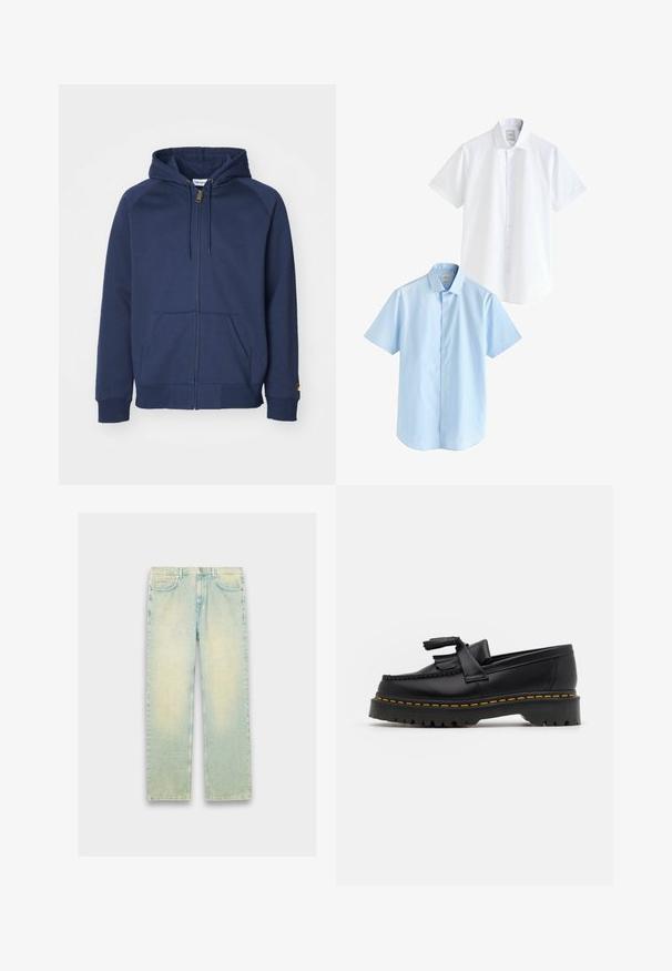 Marinblå zip-up hoodie av bomullsblandning, med justerbar huva, kängurufickor, ribbade ärmslut och en liten logodetalj på ärmen.; Två kortärmade skjortor: en vit och en ljusblå. Båda har knäppning fram, krage, slätt bomullstyg och normal passform.; Ljust blå denimjeans med lös passform, med fem fickor, dragkedjegylf och en blekt finish över låren och knäna.; Svart läderloafer med en tofsdetalj, med en kraftig svart sula och gul söm längs kanten. Strukturerad yta.