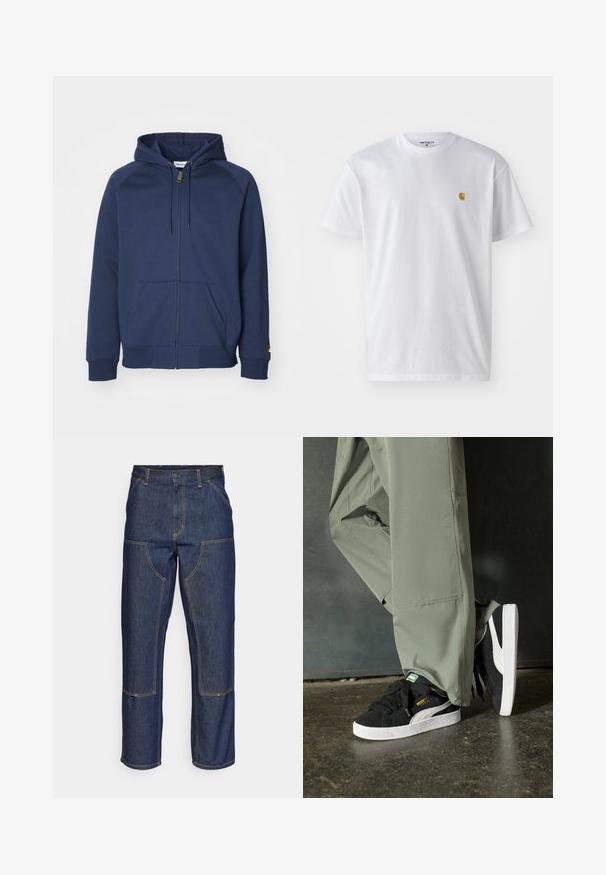 Felpa zip-up navy in misto cotone, con cappuccio regolabile, tasche a marsupio, polsini a coste e una piccola accentuazione con logo sulla manica.; T-shirt bianco in cotone con maniche corte, con colletto girocollo, caratterizzato da un piccolo logo dorato sulla parte sinistra del petto. Tessuto morbido e vestibilità regolare.; Jeans in denim blu scuro con vita alta, design a gamba dritta, cuciture a contrasto e tasche applicate sulla parte frontale.; Sneaker in suede nero con suole in gomma bianca e strisce laterali, abbinate a pantaloni cargo verde chiaro, in piedi su una superficie scura e texture.